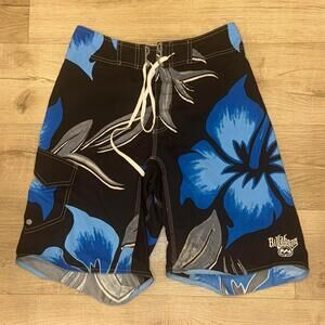 Billabong Blue Floral Swim Trunks Mens S/M (32) Surf Board Shorts Vintage Y2K